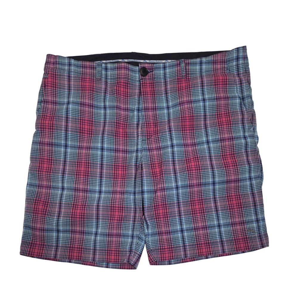 Tommy Bahama Mens Plaid Shorts Size 40 Pink Blue Nylon Stretch Flat Front 10in